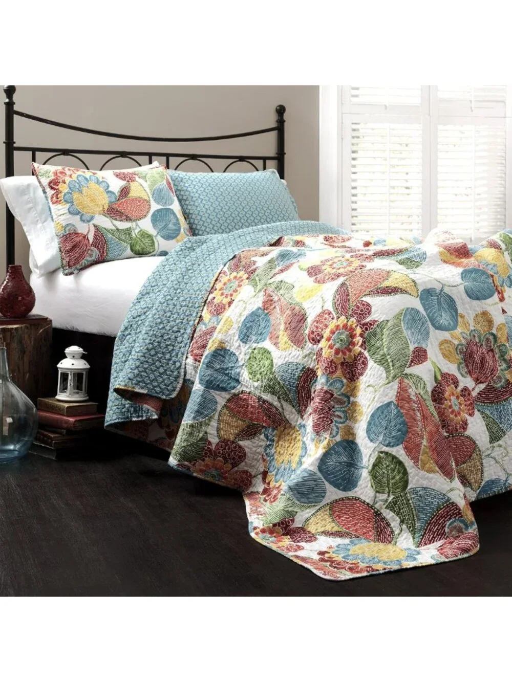 Floral Leaf Print Reversible Quilt Set, 3-Piece Bedding for Full/Queen, Orange